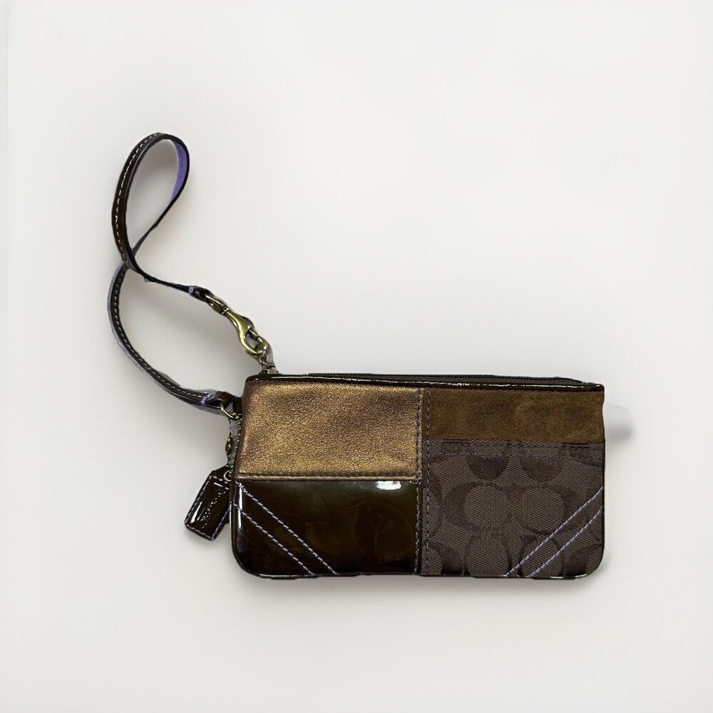 Coach Patchwork Slim Wristlet Brown Signature Leather Suede Y2K Designer